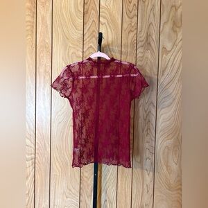 Zenana Sheer Floral Lace Mock Neck Top | Cabernet